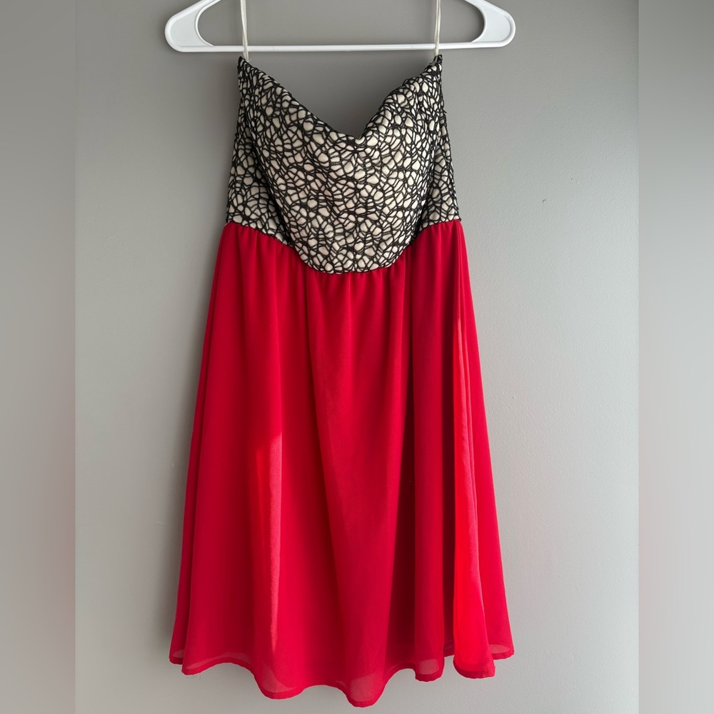 Red/Black/Tan Strapless Mini Dress